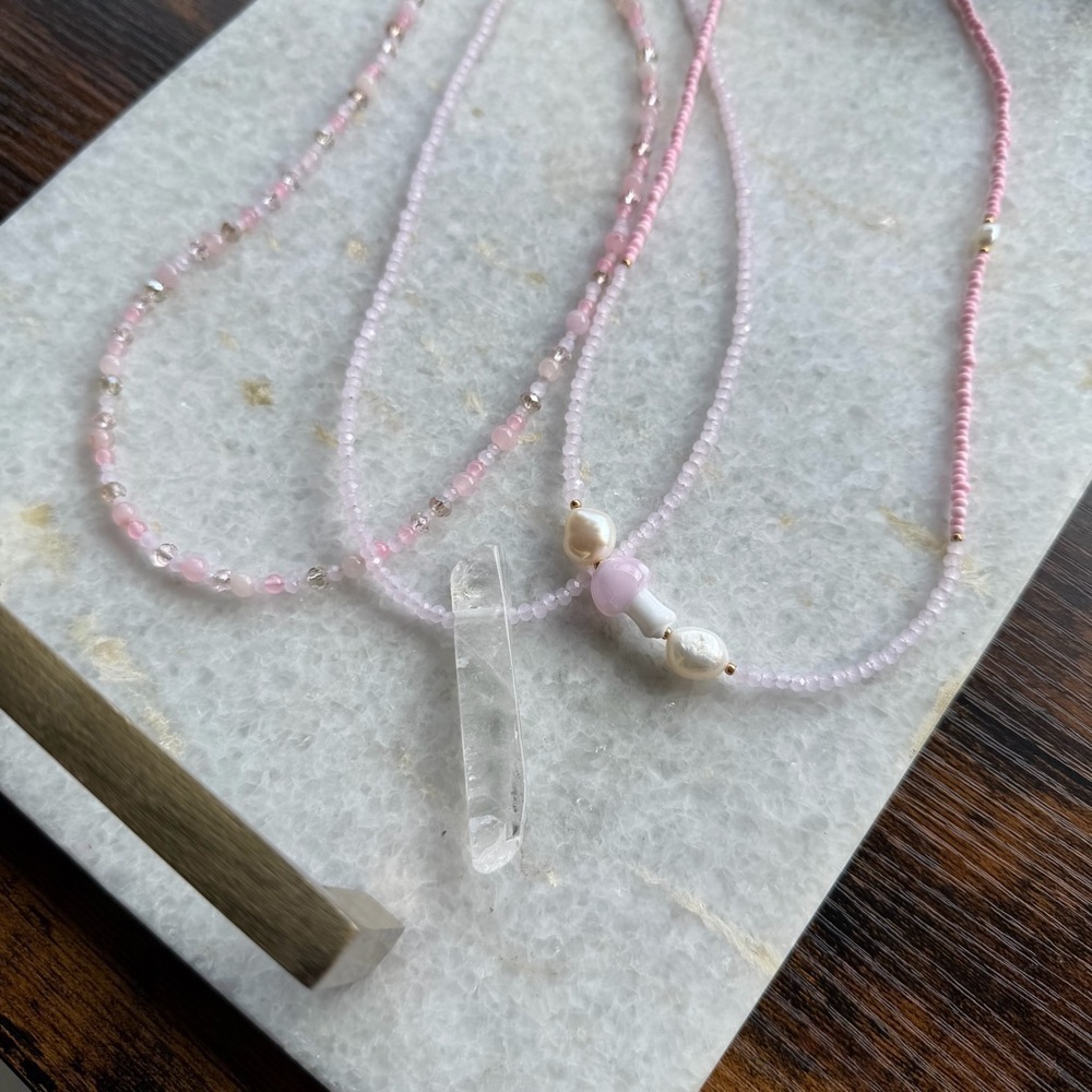 Rose Quartz, Freshwater Pearl & Clear Quartz Necklace Trio 3 Piece Set - Picture 4 of 5